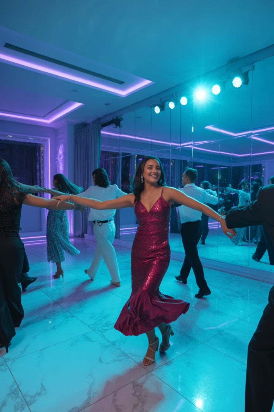 Pista de baile con luces de neón y una mujer de vestido rojo girando