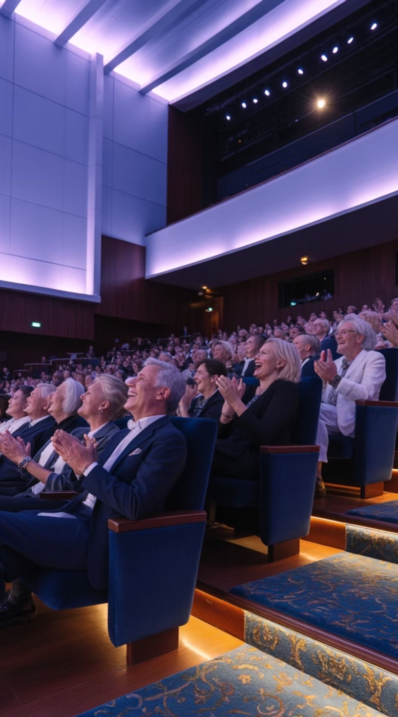Público de un teatro riendo y aplaudiendo
