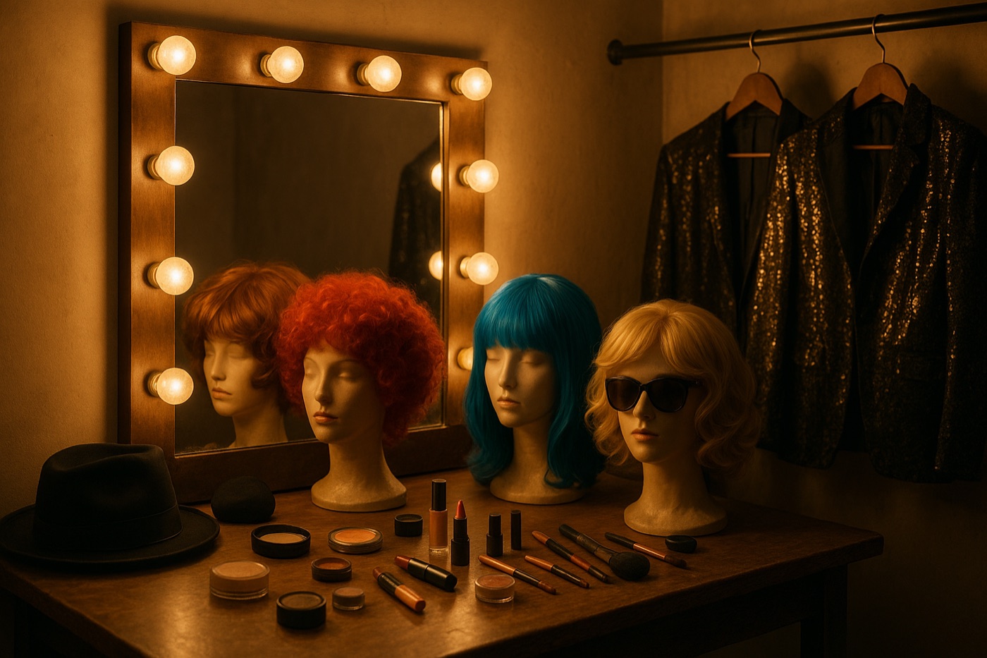 Camerino de teatro con espejo de bombillas, pelucas y vestuario