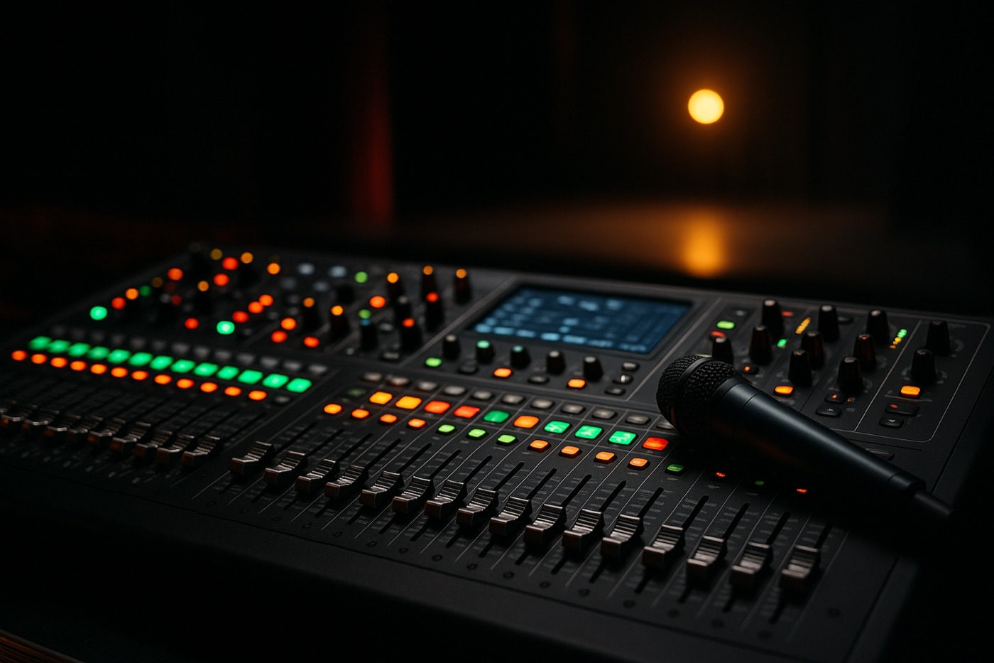 Consola de sonido profesional con un micrófono de mano, frente a un escenario iluminado